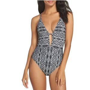 La Blanca Swimwear One-Piece V Neckline Tummy Control Black White Swimsuit sz 14